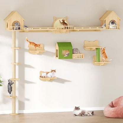 YITAHOME Cat Wall Shelves with Scratching Post, Cat Tower with Solid Wood Wall Shelves, Multi-Level Cat Climbing Furniture with Hideout & Runway - size: 21 pieces