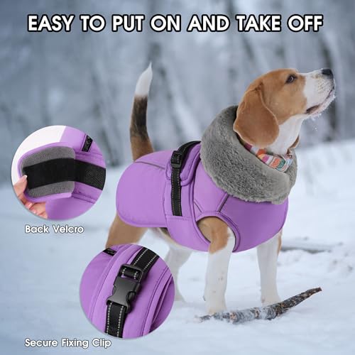 Dog Coat Large, Windproof Dog Jacket with Warm Fleece Lining, Thickened Collar Dogs Winter Coat, Adjustable Reflective Pet Coats for Cold Weather (Purple, XXX-Large) - color: Purple, size: XXX-Large
