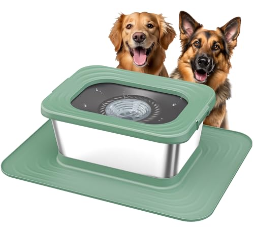 Decflow 10L Stainless Steel Dog Water Bowl, No Spill Anti-Splash Dog Bowls with XXL Silicone Mat, Spill-Proof Slow Feeder for Messy Drinkers, Heavy Duty Pet Bowls for Indoor/Outdoor Use Green - color: Green, size: 10l