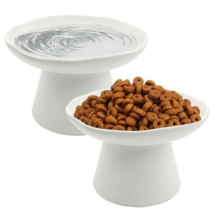 VCEPJH Raised Cat Food Bowls Shallow Cat Plate Pack of 2 Ceramic Elevated Cats Dish 6.1in Flat Anti Whisker Fatigue Wide Pet Food & Water Feeder for Indoor Kitty Kitten (White) - color: White