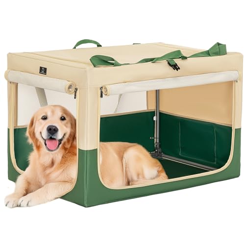 40" Collapsible Dog Crate for Large Dogs - Portable Soft Travel Kennel with Lockable Zippers, Waterproof Base, Washable Cover, Patented Screw Frame for Adjustable Tension, Outdoor, Indoor, Car Use - color: Green+Beige, size: 40.0"L x 25.0"W x 25.0"H
