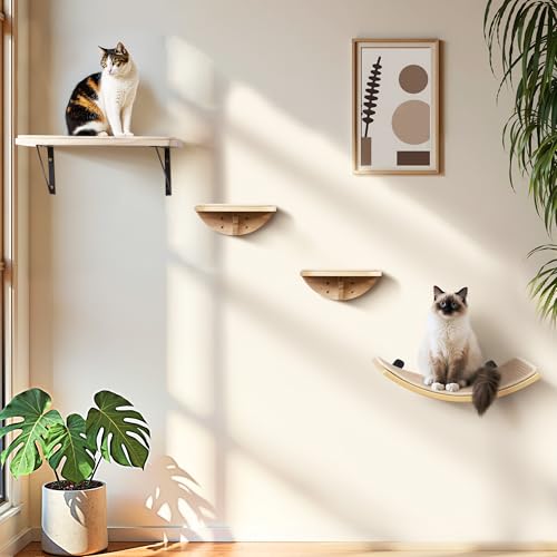Wood Cat Wall Shelves with Sisal Cats Window Perch, Wall Mounted 4-Piece Cat Climbing Set with Curved Bed, Flat Perch and Sisal-Covered Steps - color: Sisal-Wood, size: 1 Curved Bed 1 Shelf 2 Steps