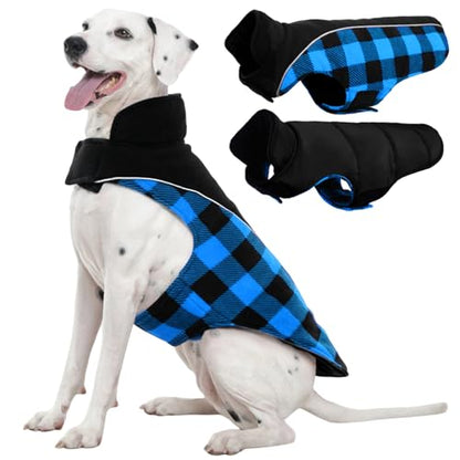 Kuoser Dog Winter Coat, Reversible Waterproof Dog Jacket with Reflective Strip, Warm Dogs Fleece Vest Adjustable Doggy Cold Weather Clothes Plaid Christmas Outfit Pet Apparel for Large Dogs, Blue XL - color: Blue, size: X-Large (Chest Girth: 24.4-29.9'' )