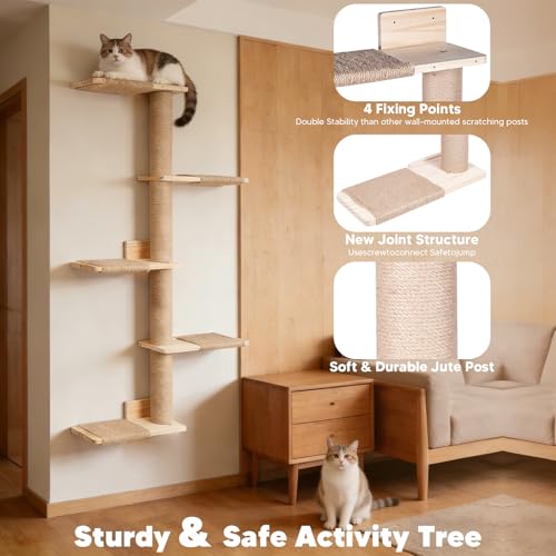 Tall Cat Tree 50inch, 4 Tier Wood Cat Tree Tower with Natural Jute Rope, Cat Wall Shelves Wall-Mounted Scratching Post Adjustable Cat Tower for Indoor Cats (4-Tier Cat Tree, Natural Jute Color)
