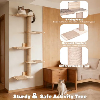 Tall Cat Tree 50inch, 4 Tier Wood Cat Tree Tower with Natural Jute Rope, Cat Wall Shelves Wall-Mounted Scratching Post Adjustable Cat Tower for Indoor Cats (4-Tier Cat Tree, Natural Jute Color)