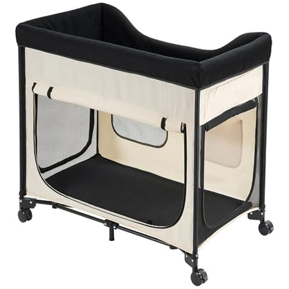 VEVOR Bedside Lounge Pet Bed, Foldable Bunk Dog Bed with 600D Oxford Cloth and Dutch Velvet, Portable Raised Cot with Wheels, Side Storage Bags, and Carry Bag for Cats & Dogs, L, Beige - size: L