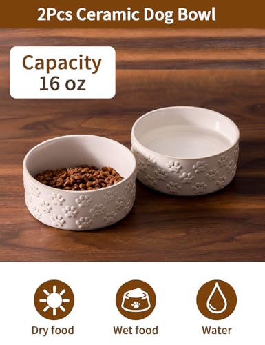 UBEE Small Dog Bowls Set of 2, 5.1 inch Ceramic Dog Dish Food Bowl, Pet Food Water Dish Feeding for Small Dogs and Large Cat, Paw Pattern, 5.1 in-Small, White - size: 5.1 in-Small