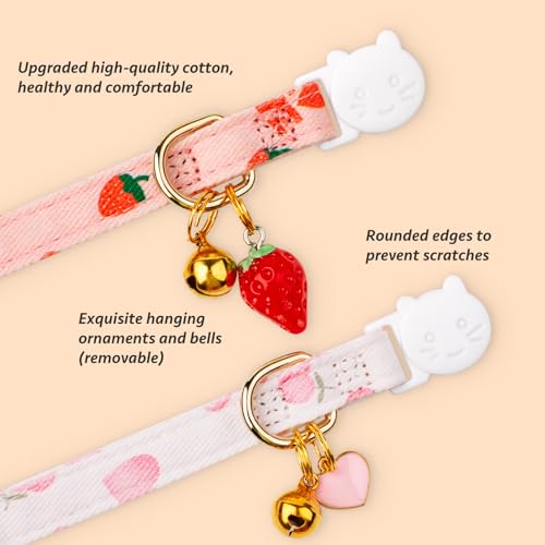 2 Pack Cotton Breakaway Cat Collar Pink Strawberries and White Heart Shaped Pendant Cute Kitten Cat Collar with Bell - color: Pink&White