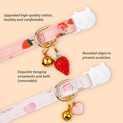 2 Pack Cotton Breakaway Cat Collar Pink Strawberries and White Heart Shaped Pendant Cute Kitten Cat Collar with Bell - color: Pink&White