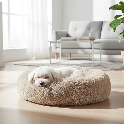 PetAmi Calming Dog Bed for Small & Medium Dogs and Cats, 23 Round Donut Dog Bed, Washable Fluffy Faux Fur Puppy & Cat Bed, Anti-Anxiety Plush Cuddler Pet Bed with Anti-Slip Bottom - Taupe - color: Taupe, size: Small - 23"