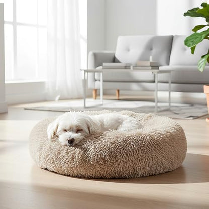 PetAmi Calming Dog Bed for Small & Medium Dogs and Cats, 23 Round Donut Dog Bed, Washable Fluffy Faux Fur Puppy & Cat Bed, Anti-Anxiety Plush Cuddler Pet Bed with Anti-Slip Bottom - Taupe - color: Taupe, size: Small - 23"