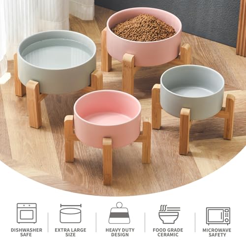 6'' Ceramic Raised Dog Bowl - 30Oz Dog Food & Water Bowl with Elevated Non-Slip Bamboo Stand, Dishwasher & Microwave Safe, Anti Vomiting Heavy Duty Pet Bowl for Small and Medium Dogs, Pink - color: 1 x Bowl + Stand - Pink, size: 6 inch