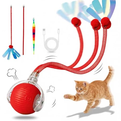 Rechargeable Smart Rolling Cat Ball, Automatic Interactive Cat Toy with 3 Modes, LED Light & 3 Replaceable Accessories, Indoor Cat Exercise Toy for Kittens & Adult Cats, for Boredom Relief Red - color: Red
