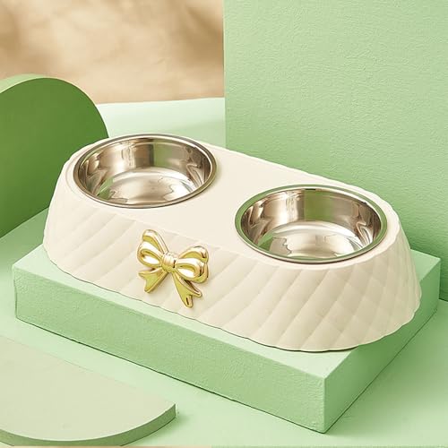 Functional Double Dog Cats Bowls, Removable Dog Bowl Set, Cute Stainless Steel Bowl with Non-Spill Plastic Mat for Rabbit Puppy Cats Small Medium Dogs Water ＆ Food (White) - color: White