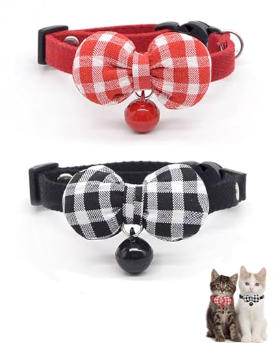 2 Pack Soft Breakaway Safety Cat Collar，Kitten Collar with Bell and Bow Tie,Adjustable Breakaway Cotton Collar for Kitty and Puppy (Plaid-Red Black) - color: Plaid-Red Black