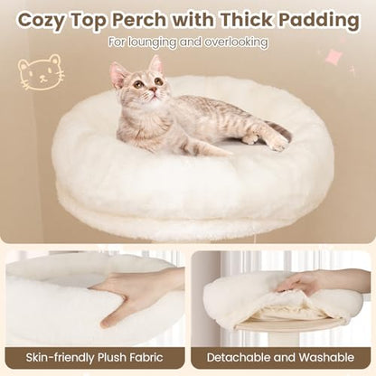 PETSITE 52 Inches Wooden Cat Tree, Multi-Level Modern Cat Tower with Scratching Posts, Space Capsule, Condo, Interactive Hanging Ball, and Top Perch with Removable and Washable Cushions