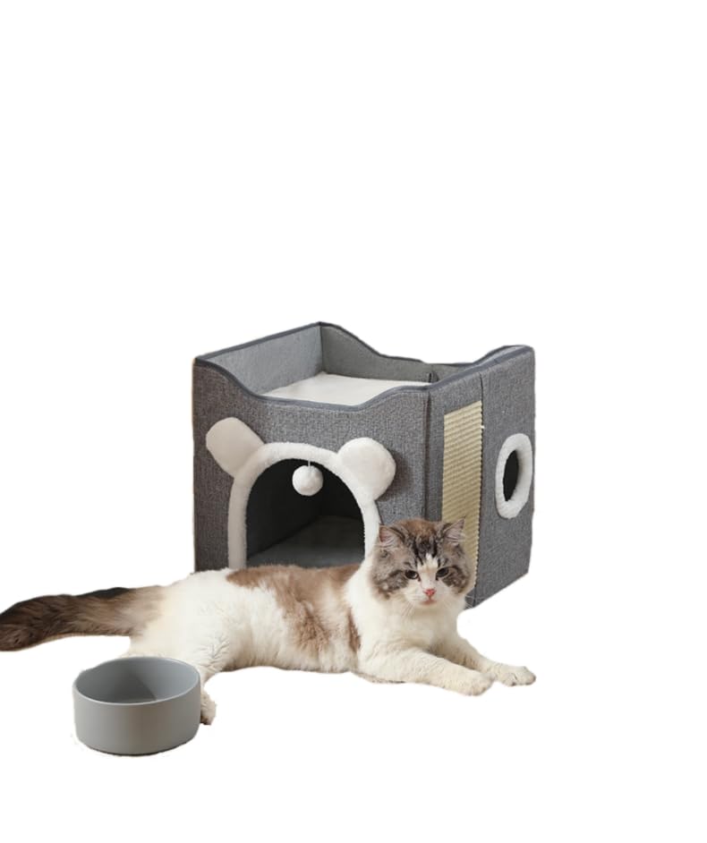 Cat Beds for Indoor Cats, Large Cat House Foldable Cat Cave with Scratch Pad and Hanging Fluffy Ball, Reversible Cushion Hideaway for Pet Cats, 16.5x16.5x13.2 inches, Multi Small Pet (Dark Grey, L)