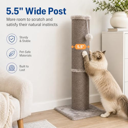 Sisal Cat Scratching Post for Indoor Cats & Kittens, 5.5" Diameter Heavy Duty Vertical Scratcher, 32 Inch Extra Tall Furniture Protector with Stable Base, Grey - color: Cylinder Grey