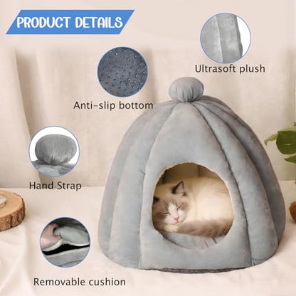 Cat Bed for Indoor Cats - Adorable Cozy Pumpkin Cat Cave with Removable Cushion, Super Soft Pet House Tent for Kittens & Small Pets, Warm & Washable Non-Slip Design(S 15 inch, Light Gray) - style: Grey