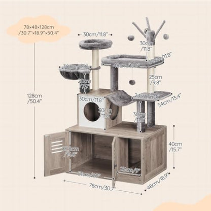 HOOBRO Large Hidden Litter Box, Cat Tree with 30.7'' Long Litter Box Enclosure, Modern Cat Tower, Cat Condos with Scratching Posts, Rubbing Post, Hammock and Teaser Sticks, Greige BG28MZ03G1