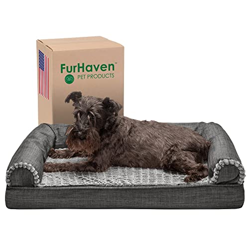 Furhaven Cooling Gel Dog Bed for Medium/Small Dogs w/ Removable Bolsters & Washable Cover, For Dogs Up to 35 lbs - Luxe Faux Fur & Performance Linen Sofa - Charcoal, Medium - color: Charcoal, size: Medium