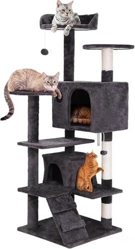 54-inch Cat Tree with Sisal-Covered Scratching Posts, Sturdy Standing Cat Tower for Indoor Kittens, Multi-Level Platforms, Perches, Condo and Hanging Ball for Cats to Play and Sleep - color: Grey