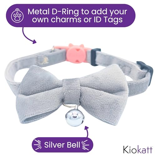 Velvet Bowtie Cat Collar with Bell – Adjustable Breakaway Grey Cat Collar for Adult Cats (7–11 in) - color: Grey