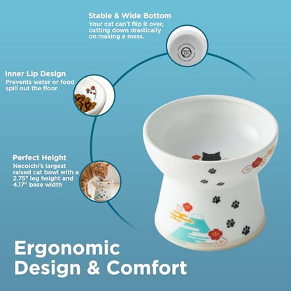 Necoichi Raised Cat Food Bowl – Ceramic Elevated Cat Bowl for Whisker & Neck Fatigue, Dishwasher Microwave Safe – Non-Slip & Anti Vomiting Ergonomic Design (Fuji, Large, 2-Cup Capacity) - color: Fuji, size: Large Flat (2 Cups)