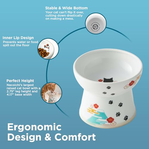 Necoichi Raised Cat Food Bowl – Ceramic Elevated Cat Bowl for Whisker & Neck Fatigue, Dishwasher Microwave Safe – Non-Slip & Anti Vomiting Ergonomic Design (Fuji, Large, 2-Cup Capacity) - color: Fuji, size: Large Flat (2 Cups)