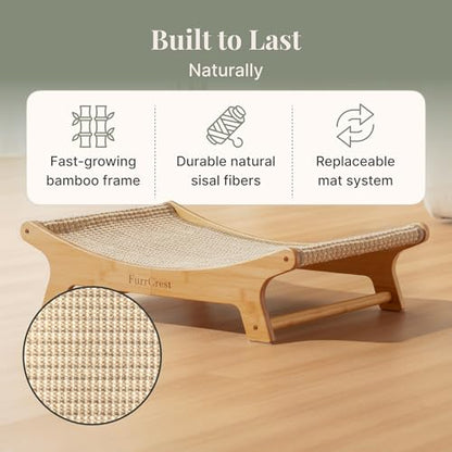 XL Sisal Cat Scratcher Bed with Elevated Hammock for Indoor Cats, Replaceable Natural Sisal Pad, Large Cat Lounge, Anti-Slip No-Wobble Bamboo Frame, Natural Grey - color: Natural Grey