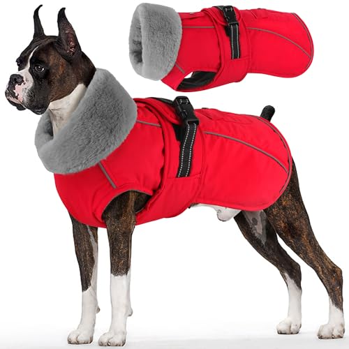 Dog Coat with Pocket, Waterproof Dog Jacket with Adjustable Buckle, Reflective Puppy Winter Coat Warm Turtleneck Fleece SnowJacket for Small Medium Large Dogs - Red 2XL - color: Red, size: XX-Large( Chest: 30.7"-39.4", Back:23.6")