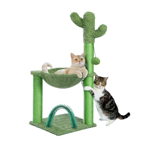 PAWZ Road Cactus Cat Tree, 33 Inchs Cat Tower with Cat Self Groomer, Soft Hammock and Fully Wrapped Sisal Scratching Post for Indoor Cats