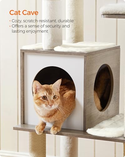 Feandrea Cat Tree, 64.6-Inch Modern Cat Tower, Multi-Level Condo with 5 Scratching Posts, Perch, Washable Removable Cushions, Cave, Heather Greige UPCT166G01 - color: Heather Greige