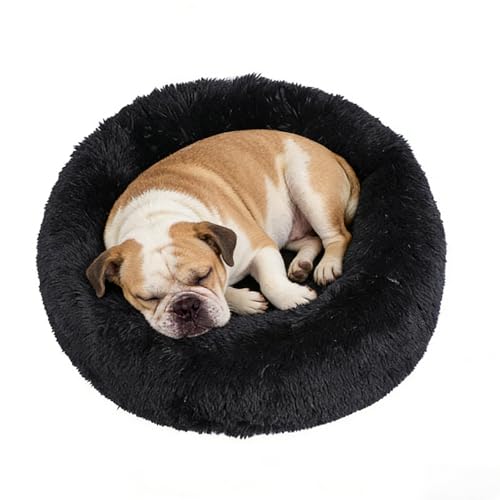 Calming Donut Dog Beds for Small Dogs Cats - Washable Removable Cover Non-Slip Bottom, Round Pet Bed Puppy Bed Warming Fluffy Faux Fur Anti-Anxiety, Fits up to 25 lbs (Black, 23") - color: Black, size: 23"L x 23"W x 8"Th