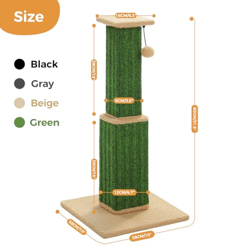 PAWZ Road Carpet Cat Scratching Post 32” Tall Scratching Post for Indoor Cats Adults Ultimate Scratch Post with Carpet, Large Base and Removable Dangling Ball- Green - color: Green