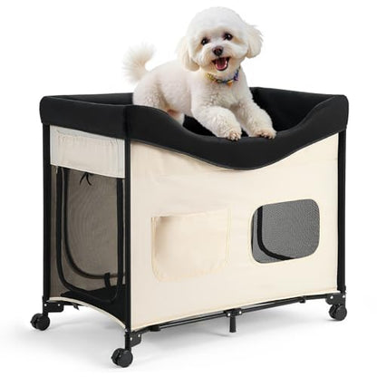 VEVOR Bedside Lounge Pet Bed, Foldable Bunk Dog Bed with 600D Oxford Cloth and Dutch Velvet, Portable Raised Cot with Wheels, Side Storage Bags, and Carry Bag for Cats & Dogs, XL, Beige - size: XL
