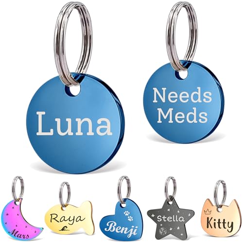 Anavia Small Size Dog Cat ID Tags, Small/XS Personalized Color Plated Stainless Steel Puppy Kitten Name Tags, Customized Engraved Nameplate Pet Collar Tag (Blue, XS-Round) - color: Blue, size: XS-Round