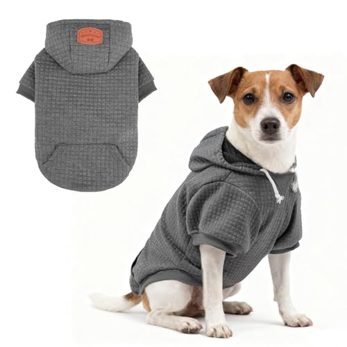 BEAUTYZOO Dog Hoodie with Leash Hole and Pocket,Dog Sweaters for Small Medium Large Dogs Boys Girls,Waffle-Like Laminated Cotton Warm Outfits for French Bulldogs, Pitbull, Winter Puppy Clothes Jacket - color: Dark Grey, size: S (Back: 12",Chest: 16", Neck