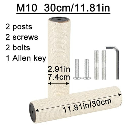 7.4cm 2.91in Diameter Cat Tree Scratching Post Replacement Sisal Pole Parts for Cat Tower (M10, 11.81in/30cm) - color: 11.81in/30cm, size: M10*2posts