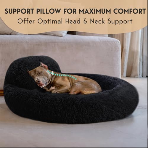 PetJett Large Dog Bed - 36'' Calming Donut Dog Beds, Anti-Slip & Washable Large Round Bed, Fluffy Faux Fur Pet Bed, Super Soft Anti-Anxiety Premium Comfort Bed, Fits Dogs up to 80 lbs - Black - color: Black, size: Large - 36”L x 36”W x 8”Th