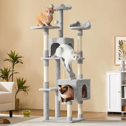 Yaheetech XL Cat Tree, 72in Multi-Level Cat Tower with 2 Cozy Caves, 3 Soft Perches, Scratching Posts, Board, and Dangling Ball, Pet Furniture Play House for Kittens/Cats, Light Gray - color: Light Gray