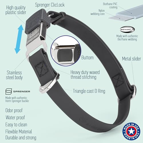 Biothane Waterproof Durable Dog Collar with Herm Sprenger - Quick Release ClicLock Buckle - Fits Medium and Large Dogs - Made in USA (Black, W 3/4" x L 12"-19") - color: Black, size: W 3/4" x L 12"-19"