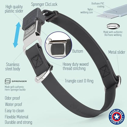 Biothane Waterproof Durable Dog Collar with Herm Sprenger - Quick Release ClicLock Buckle - Fits Medium and Large Dogs - Made in USA (Black, W 3/4" x L 12"-19") - color: Black, size: W 3/4" x L 12"-19"
