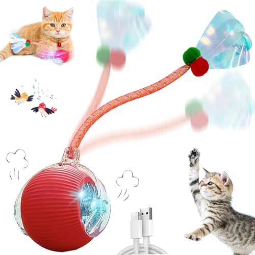 Speedy 2.0 Tail Interactive Cat Toys for Indoor Cats, Automatic Cat Toy with Elastic Mesh Tail, Electric Rolling Ball on Carpet, Chirping and Motion Activate Cat (Red) - color: Red