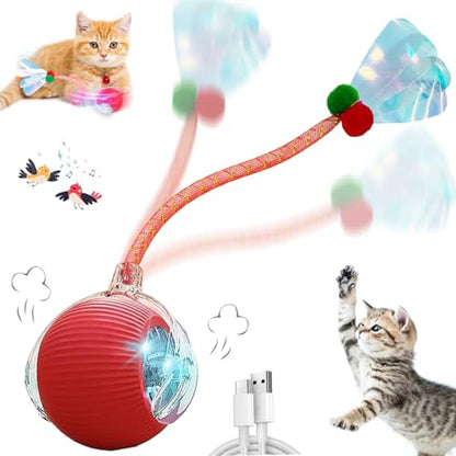 Speedy 2.0 Tail Interactive Cat Toys for Indoor Cats, Automatic Cat Toy with Elastic Mesh Tail, Electric Rolling Ball on Carpet, Chirping and Motion Activate Cat (Red) - color: Red