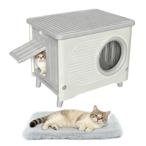 Outdoor Cat House Weatherproof, Insulated Feral Cat Shelter with Escape Door for Summer, Elevated Stackable Waterproof Large Cat House for All Seasons with Cozy Cushion - color: Cloudy White and Grey