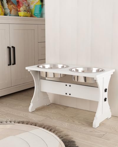 Modern Farmhouse Dog Bowls Stand, Elevated Dog Bowls with 2 Stainless Steel Wooden Bowls, 80 oz Bowl-White - color: White, size: 9 Cups 13.8"H_80 oz Bowl