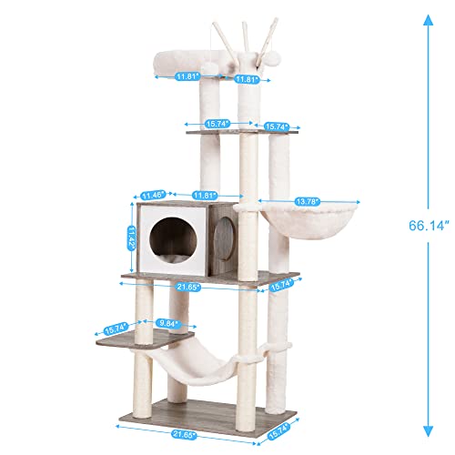 Hey-brother Wooden Cat Tree, 66.1“ Cat Furniture with Scratching Posts, Modern Cat Tower with hammocks, Toys, cat condo, Rustic Gray MPJ120SG - color: Rustic Gray