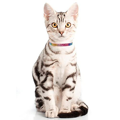 THAIN Bling cat Kitten Collar Rainbow Rhinestone Breakaway Diamond with Bell Soft Velvet Quick Release (Pink) - color: Pink