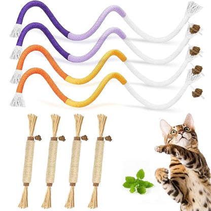Silvervine Sticks for Cats & Cat Chew Rope - 8Pcs Natural Cat Chew Toy Teeth Cleaning for Bored Indoor Adult Cats, Matatabi Dental Care Kitten Treat Teething Toys, Silver Vine Cat Chew Stick - style: Cat Toys Silvervine Ropes